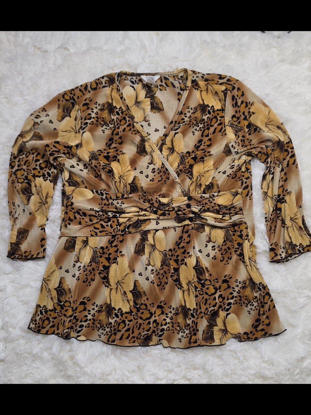 Vtg Y2K Whimsigoth Leopard Floral Plisse Blouse Cheetah Print Earthy Boho Medium